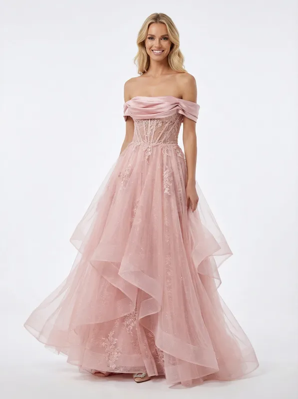 Elegant Off the Shoulder Tiered Tulle Corset Prom Gown with Lace Appliques sold by ChicSew