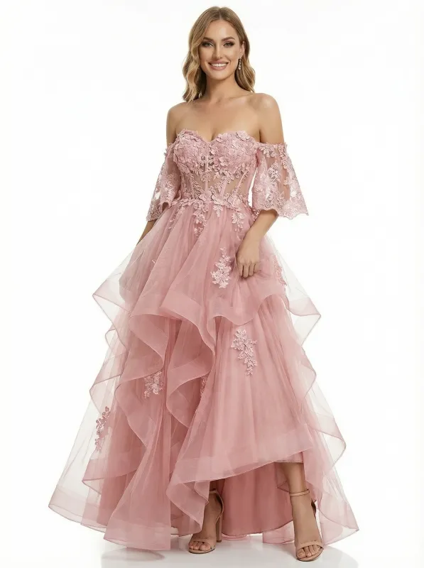 Unique Off the Shoulder A-line High-Low Ball Gown Prom Dresses with Floral Appliques sold by ChicSew