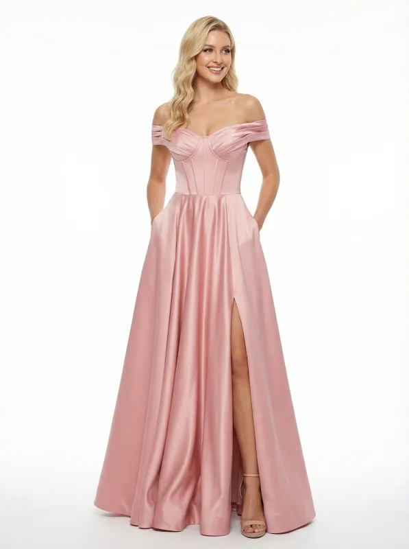 Chic Off the Shoulder Satin A-Line Corset Prom Dress with Slit sold by ChicSew