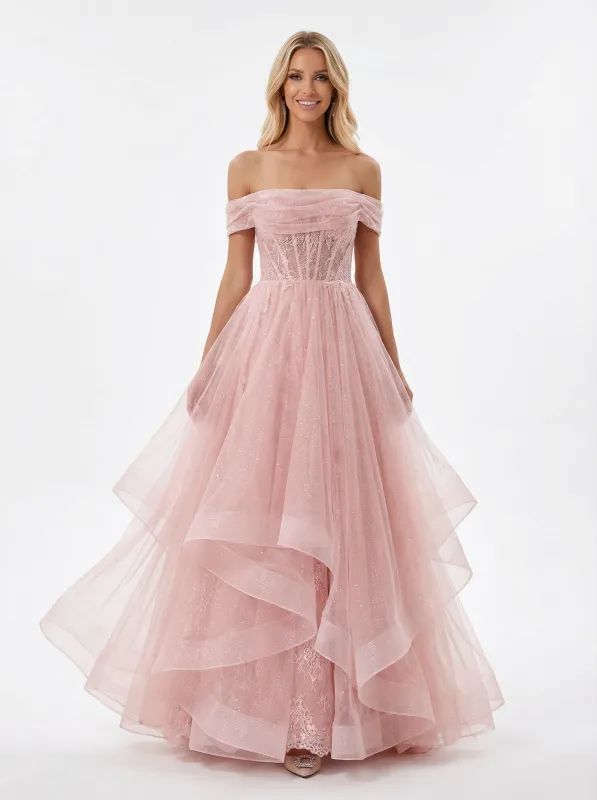 Gorgeous Off the Shoulder Lace Applique Corset A-line Glitter Tulle Prom Ball Gown sold by ChicSew
