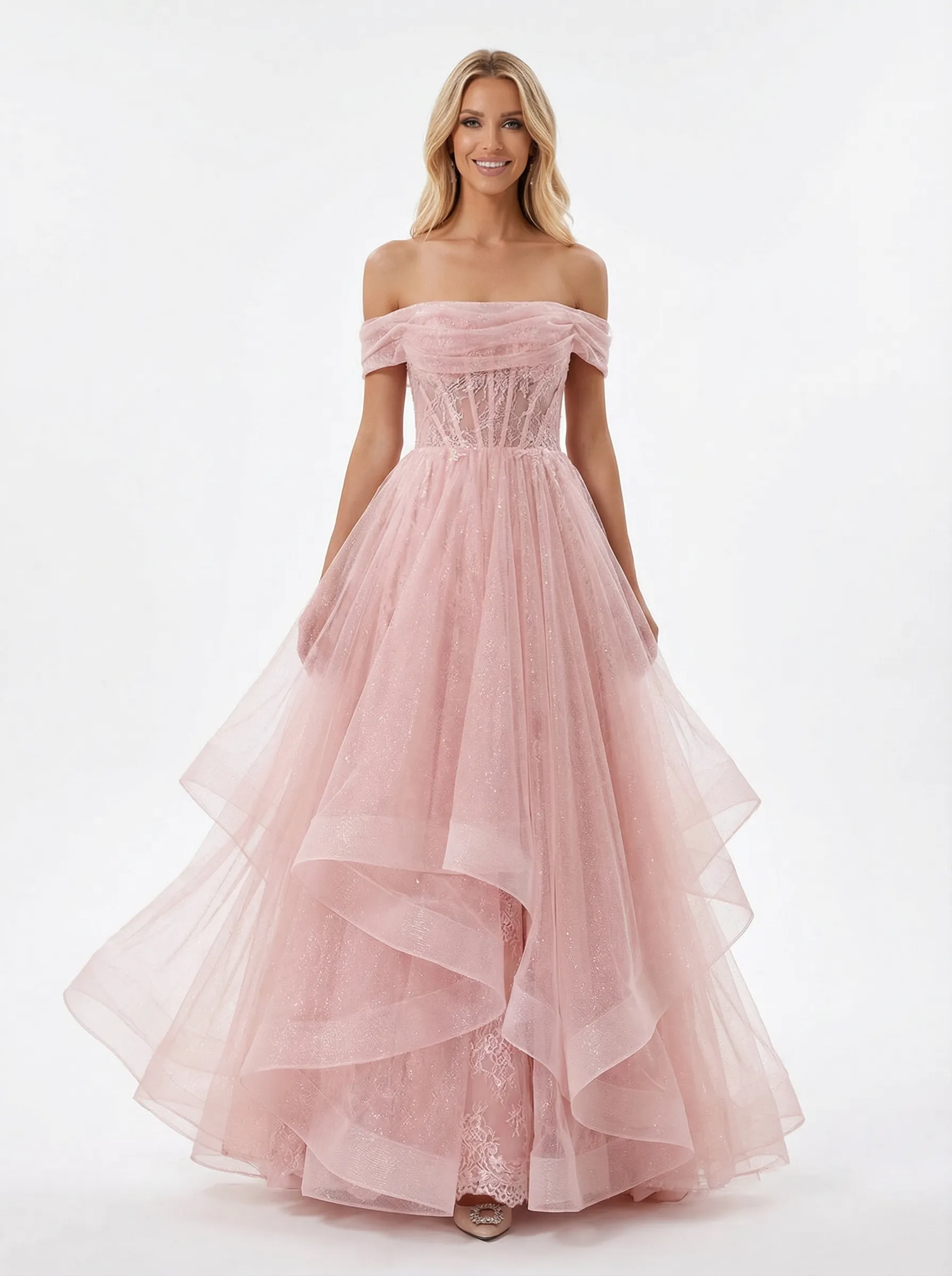 Gorgeous Off the Shoulder Lace Applique Corset A-line Glitter Tulle Prom Ball Gown sold by ChicSew