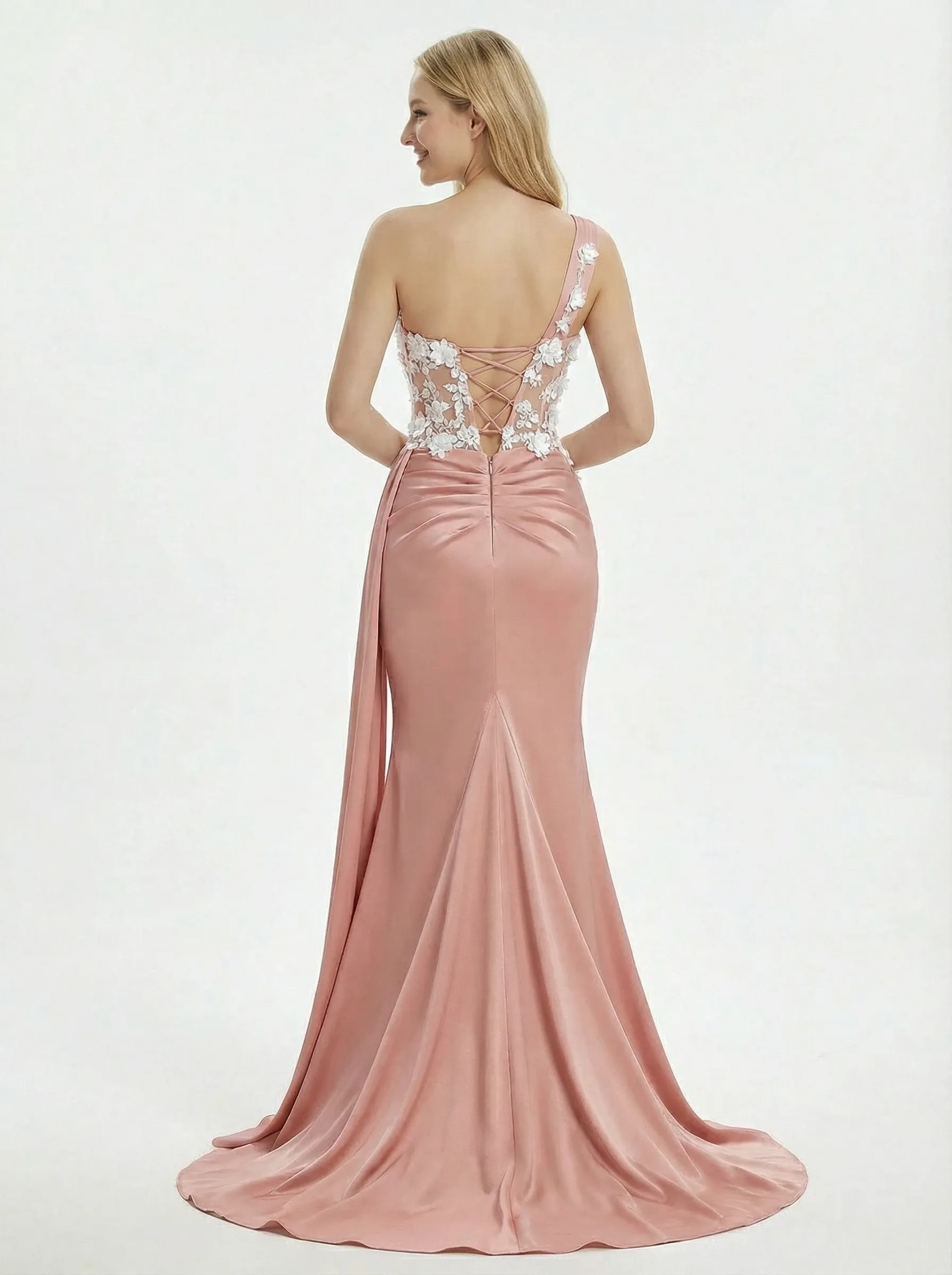 Stunning One Shoulder Floral Appliques Ruched Satin Mermaid Prom Gown sold by ChicSew product image thumbnail 2