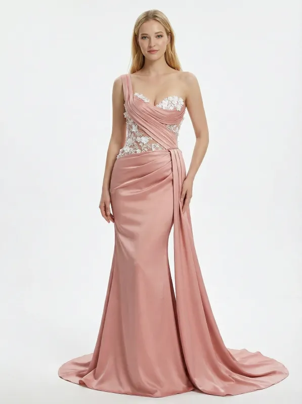 Stunning One Shoulder Floral Appliques Ruched Satin Mermaid Prom Gown sold by ChicSew