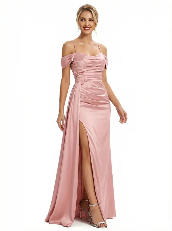 Modern Cold Shoulder Ruched Satin Maxi Prom Dresses with Slit sold by ChicSew