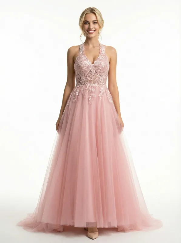 Beautiful Halter Tulle Lace Appliques A-line Prom Ball Gowns sold by ChicSew