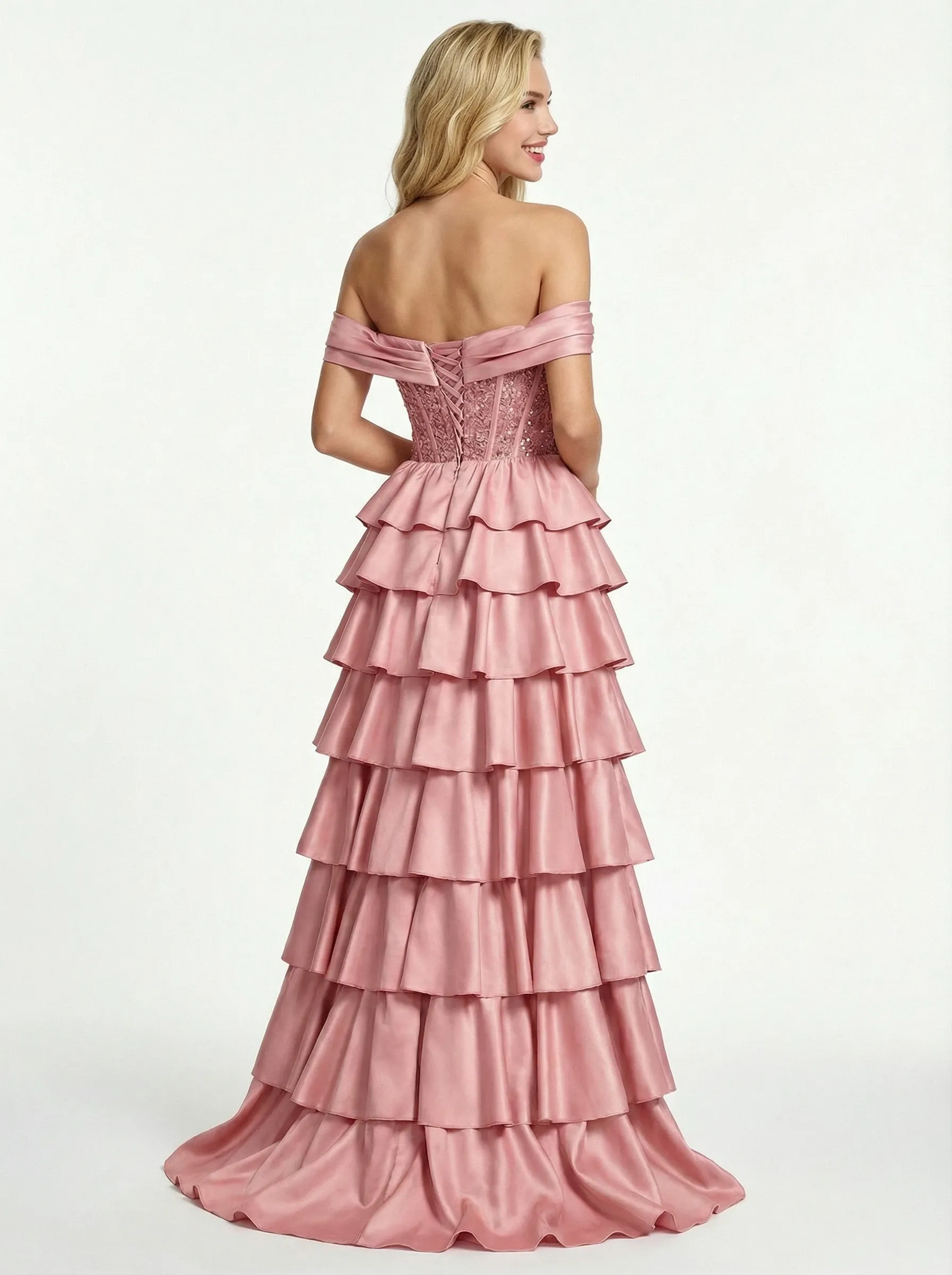 Classy Off the Shoulder Sweetheart Tiered Satin Prom Ball Gown Dresses with Slit sold by ChicSew product image thumbnail 3