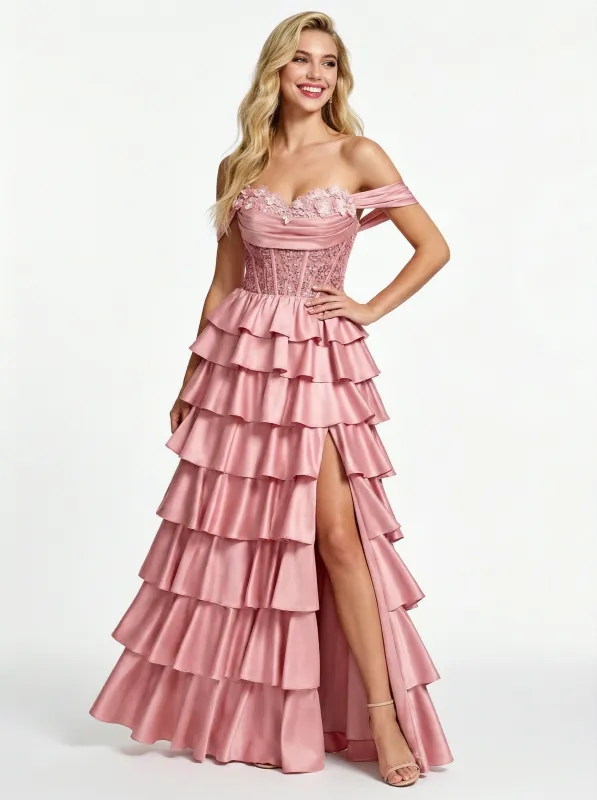 Classy Off the Shoulder Sweetheart Tiered Satin Prom Ball Gown Dresses with Slit sold by ChicSew