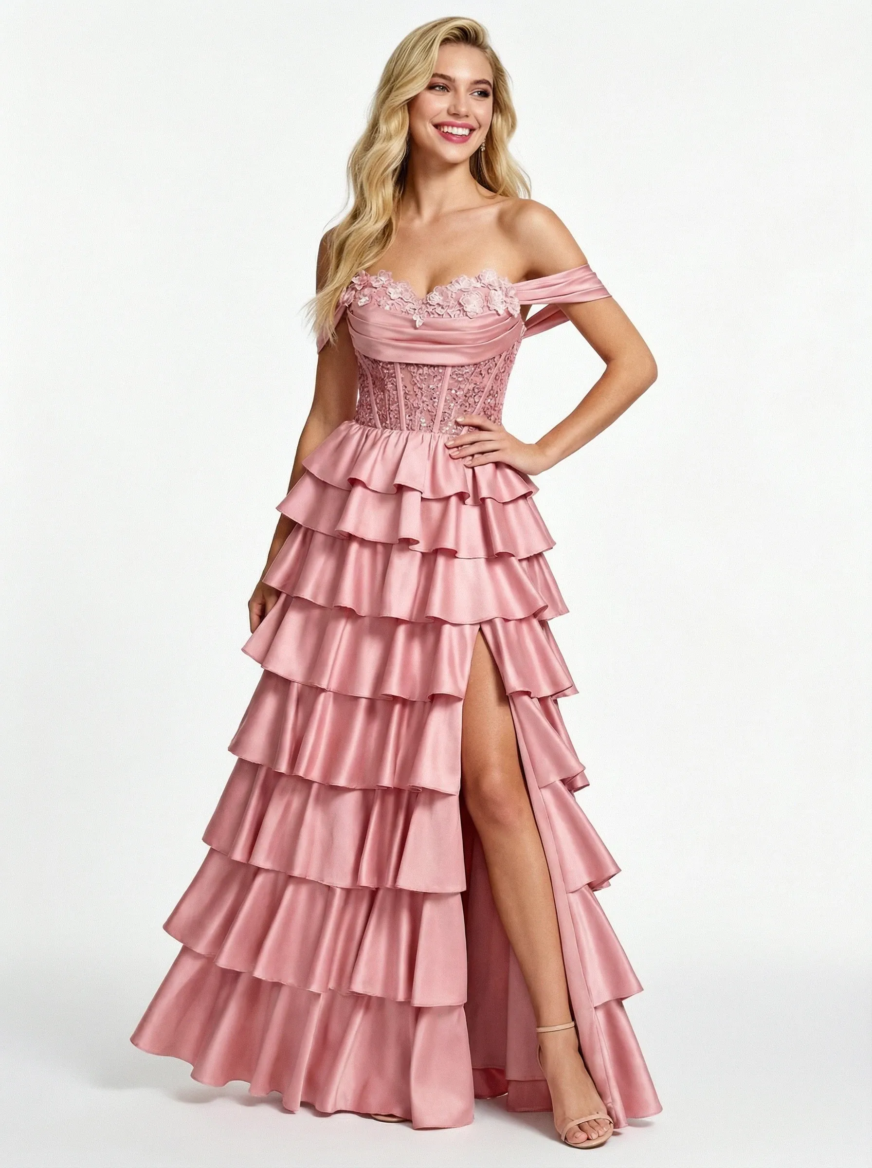 Classy Off the Shoulder Sweetheart Tiered Satin Prom Ball Gown Dresses with Slit sold by ChicSew