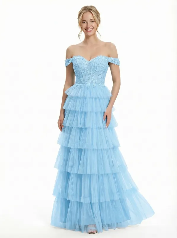 Romantic Off the Shoulder Tulle Ruffles A-line Prom Gowns sold by ChicSew