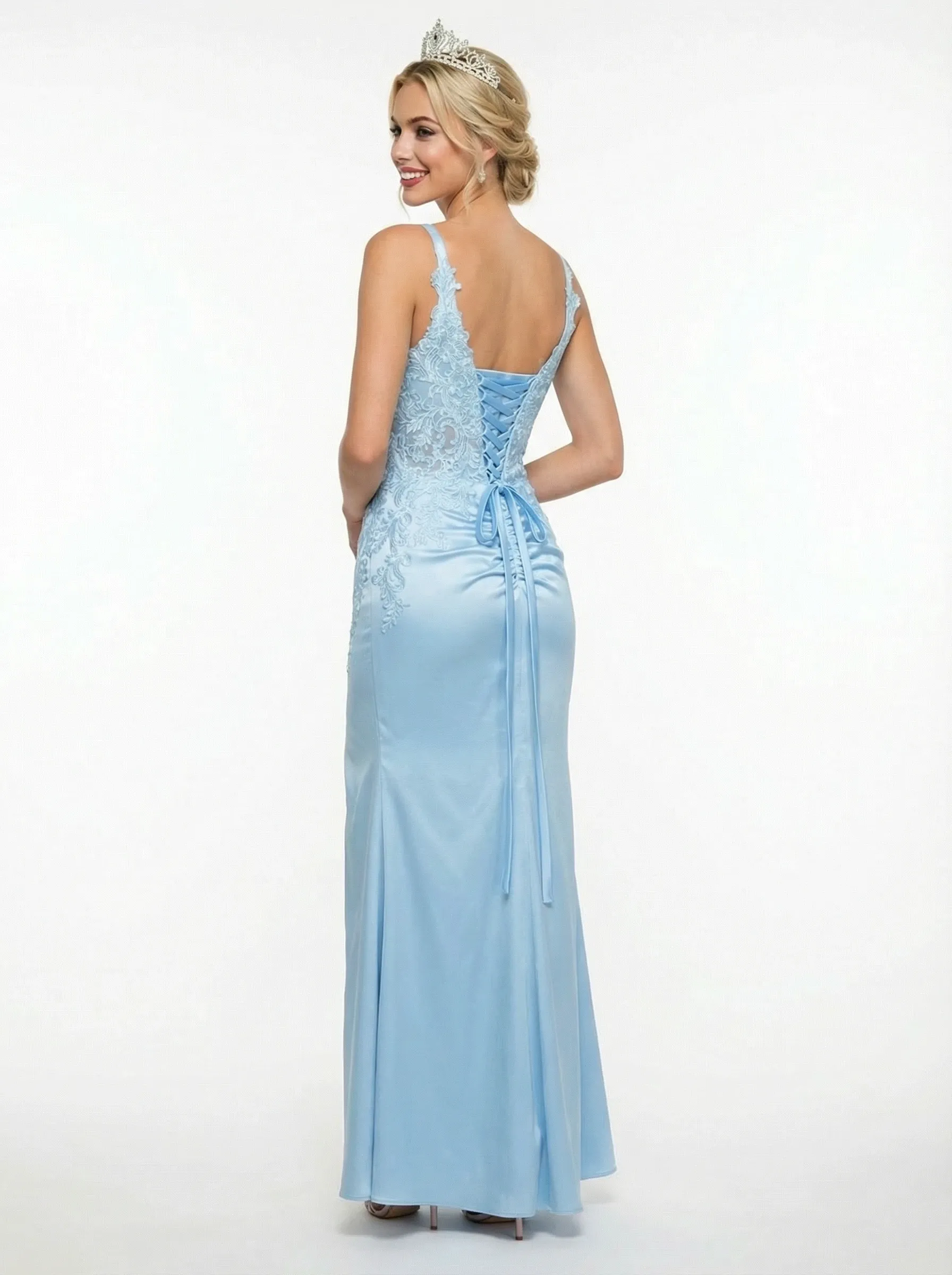 Elegant Lace Appliques V-neck Corset Satin Prom Gowns with Side Slit sold by ChicSew product image thumbnail 3