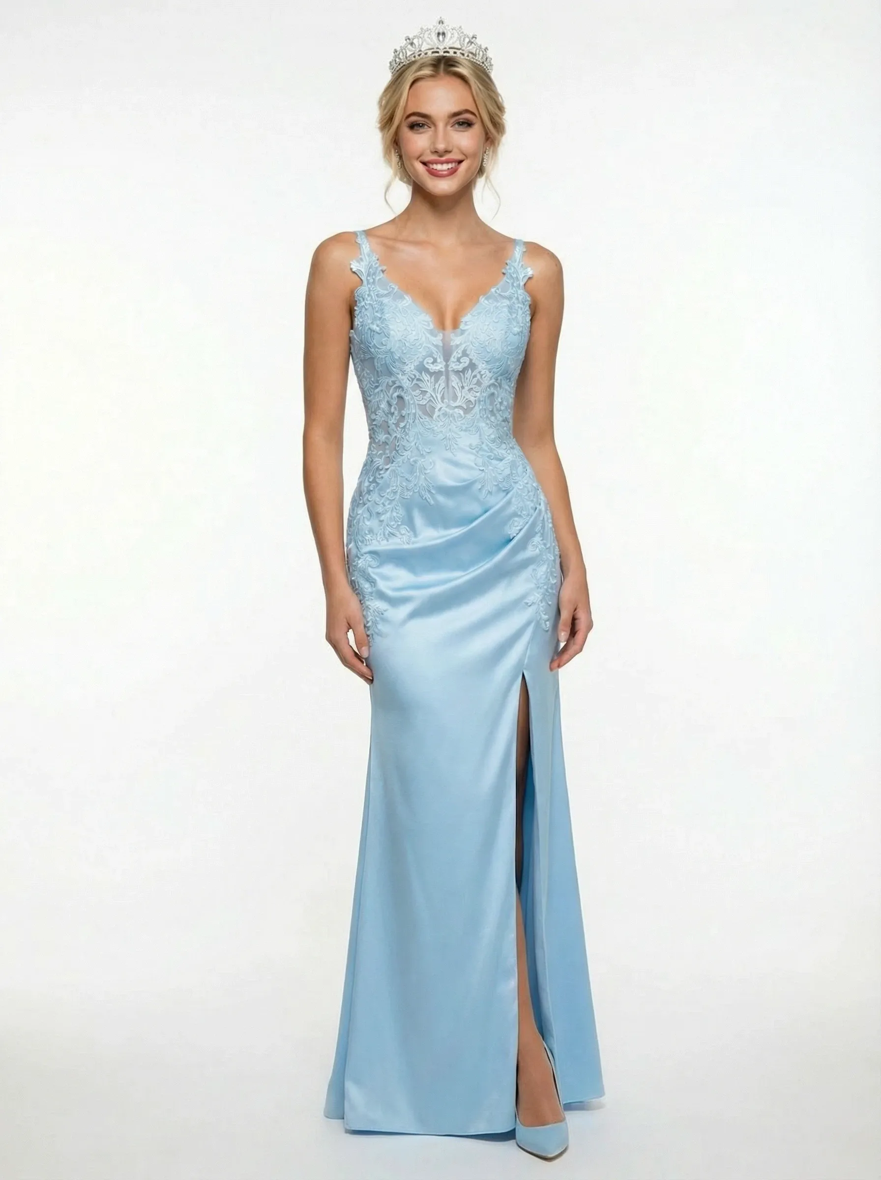 Elegant Lace Appliques V-neck Corset Satin Prom Gowns with Side Slit sold by ChicSew