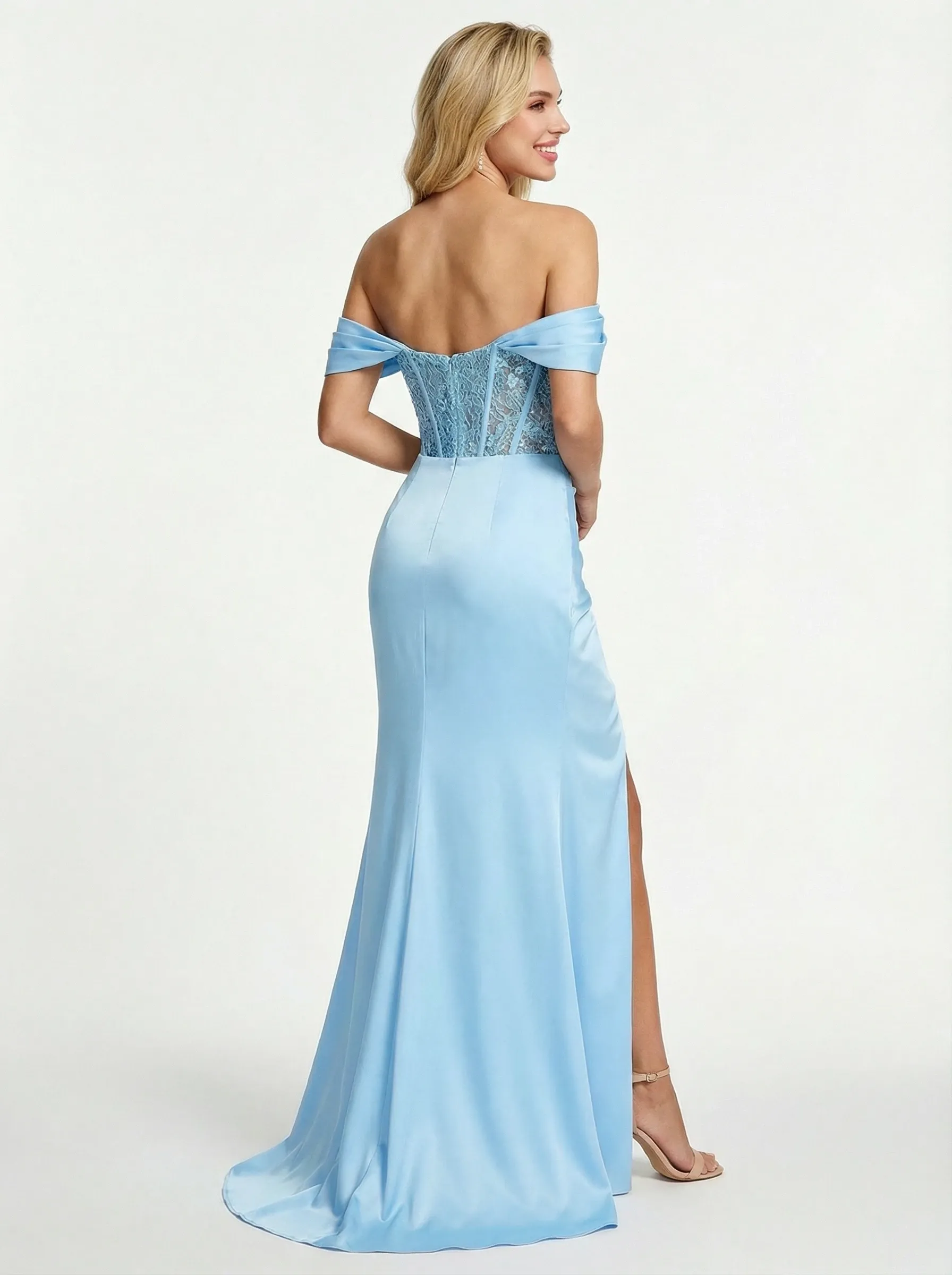 Pretty Off the Shoulder Lace Appliques Corset Satin Mermaid Prom Dress with High Slit sold by ChicSew product image thumbnail 2