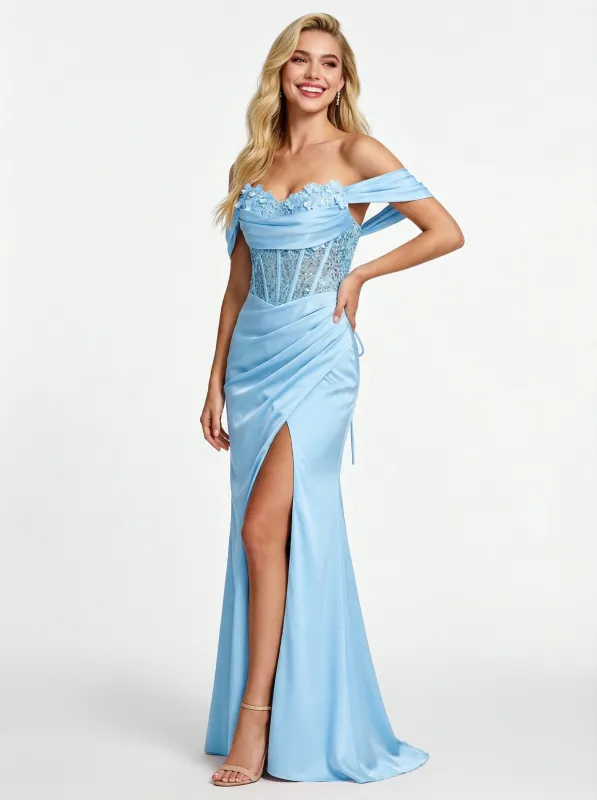 Pretty Off the Shoulder Lace Appliques Corset Satin Mermaid Prom Dress with High Slit sold by ChicSew