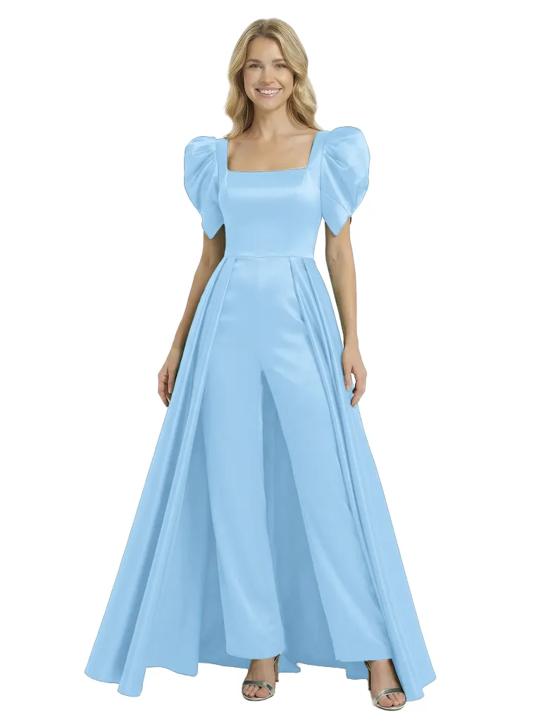 Chicsew Mother of The Groom Pantsuit Overskirt Fancy Square Puff Short Sleeve Satin Outfit Unique Silhouette sold by ChicSew product image thumbnail 5