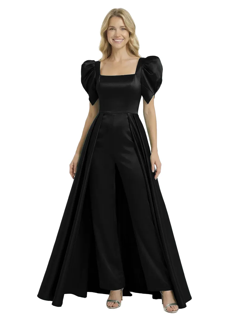 Chicsew Mother of The Groom Pantsuit Overskirt Fancy Square Puff Short Sleeve Satin Outfit Unique Silhouette sold by ChicSew product image thumbnail 4