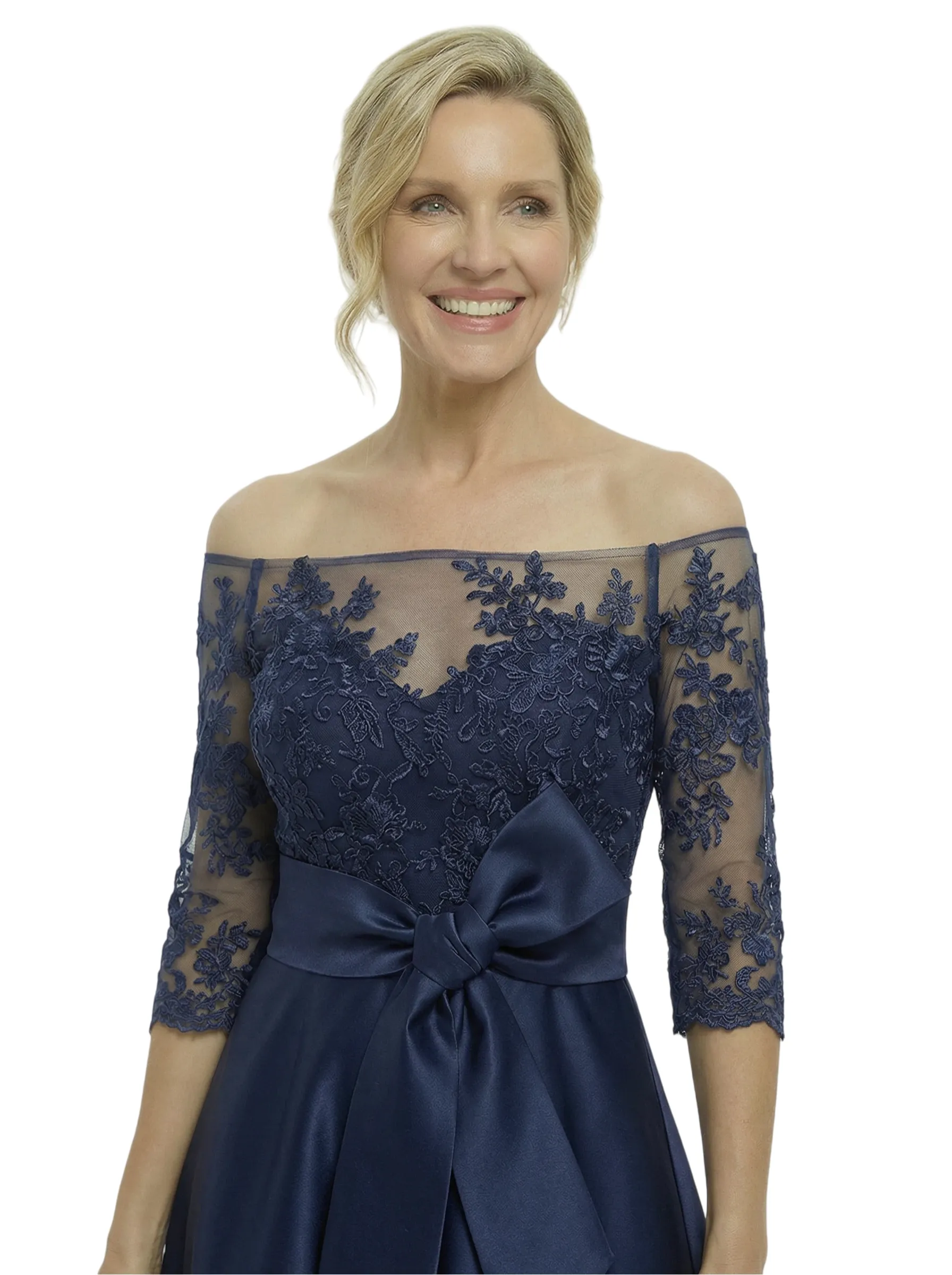 Chicsew Unique Off Shoulder Tea-Length Satin Mother Of The Bride Dress With Lace Illusion sold by ChicSew product image thumbnail 3