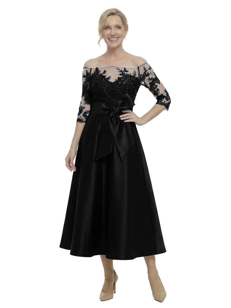 Chicsew Unique Off Shoulder Tea-Length Satin Mother Of The Bride Dress With Lace Illusion sold by ChicSew product image thumbnail 4