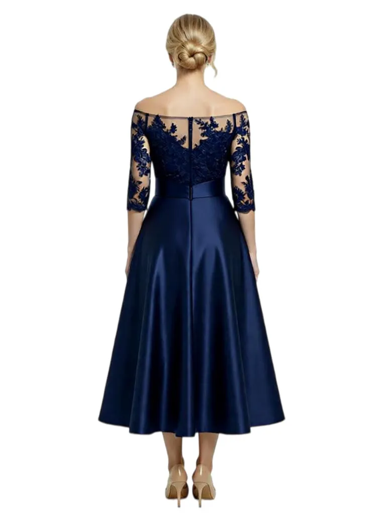 Chicsew Unique Off Shoulder Tea-Length Satin Mother Of The Bride Dress With Lace Illusion sold by ChicSew product image thumbnail 2