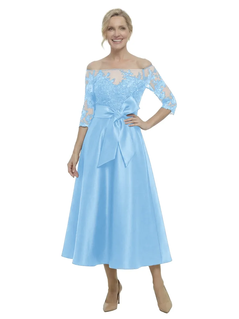 Chicsew Unique Off Shoulder Tea-Length Satin Mother Of The Bride Dress With Lace Illusion sold by ChicSew product image thumbnail 5