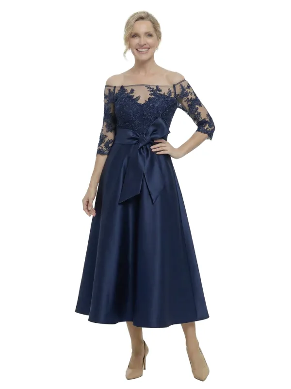Chicsew Unique Off Shoulder Tea-Length Satin Mother Of The Bride Dress With Lace Illusion sold by ChicSew