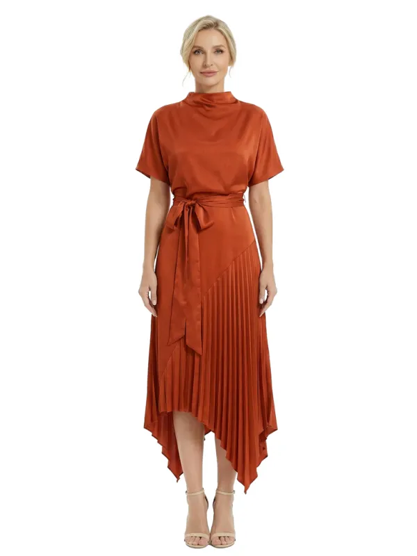 Chicsew Fashionable High Neck Short Sleeves With Pleated Asymmetric Hem Satin Mother Of The Bride Dress sold by ChicSew