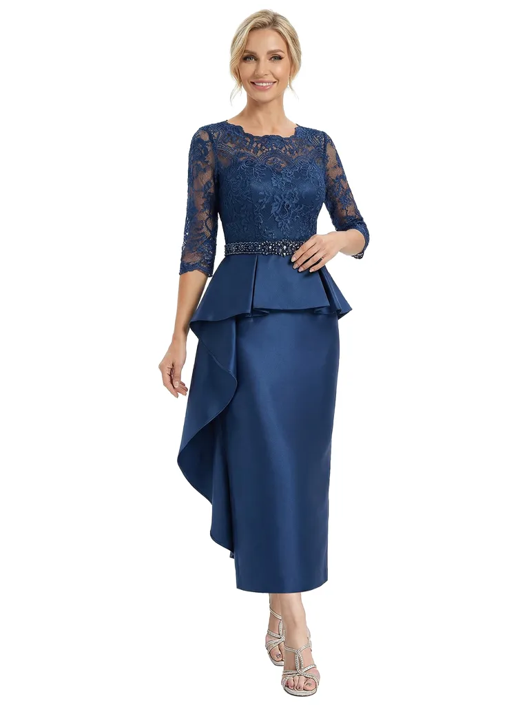 Chicsew Graceful Scalloped Lace 3/4 Sleeves Satin Mother Of The Bride Dress With Illusion Lace Bodice sold by ChicSew