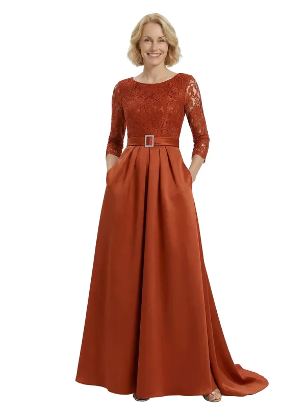 Chicsew Elegant Scoop A-Line Lace Satin Mother Of The Bride Dress With Long Sleeves sold by ChicSew