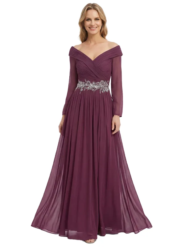 Chicsew V-Neck Long Sleeves Mother Of The Bride Dress Ruched Chiffon A-Line Gown sold by ChicSew