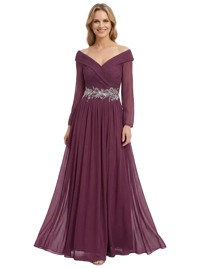 Chicsew V-Neck Long Sleeves Mother Of The Bride Dress Ruched Chiffon A-Line Gown sold by ChicSew