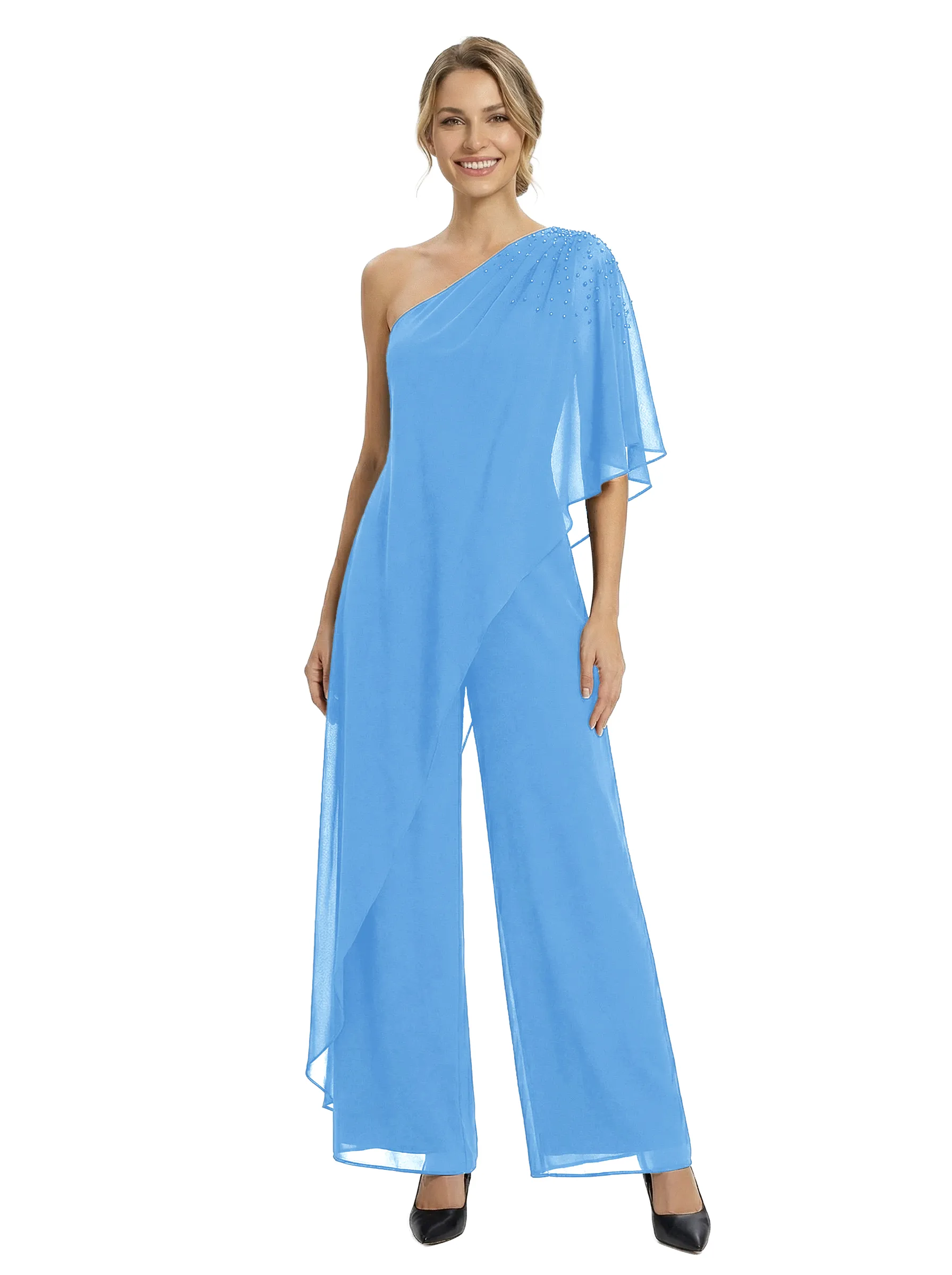 Chicsew Mother of Groom Jumpsuit Unique Beaded Short Sleeve Chiffon Wide Leg Classy Outfit sold by ChicSew product image thumbnail 5