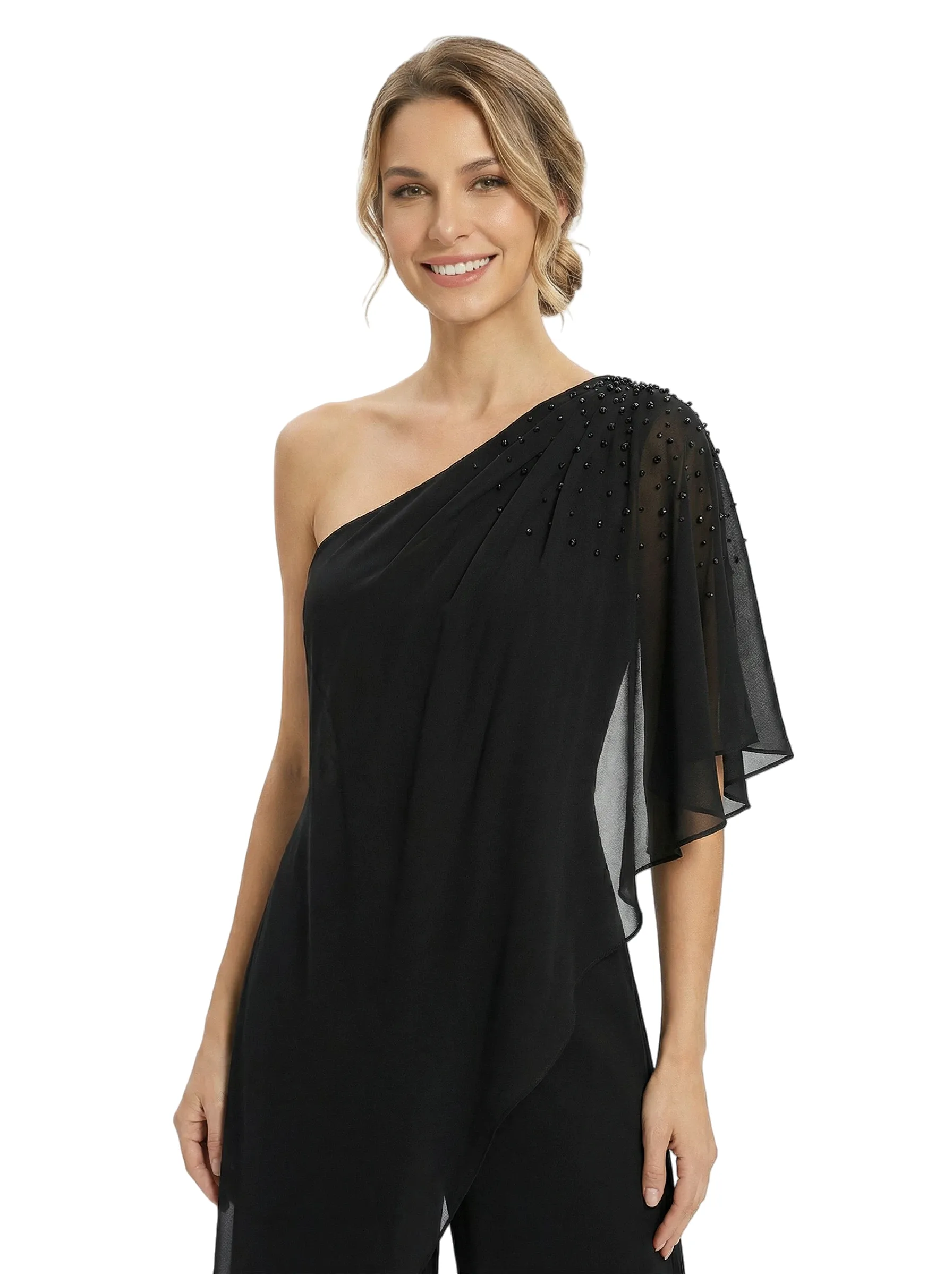 Chicsew Mother of Groom Jumpsuit Unique Beaded Short Sleeve Chiffon Wide Leg Classy Outfit sold by ChicSew product image thumbnail 2