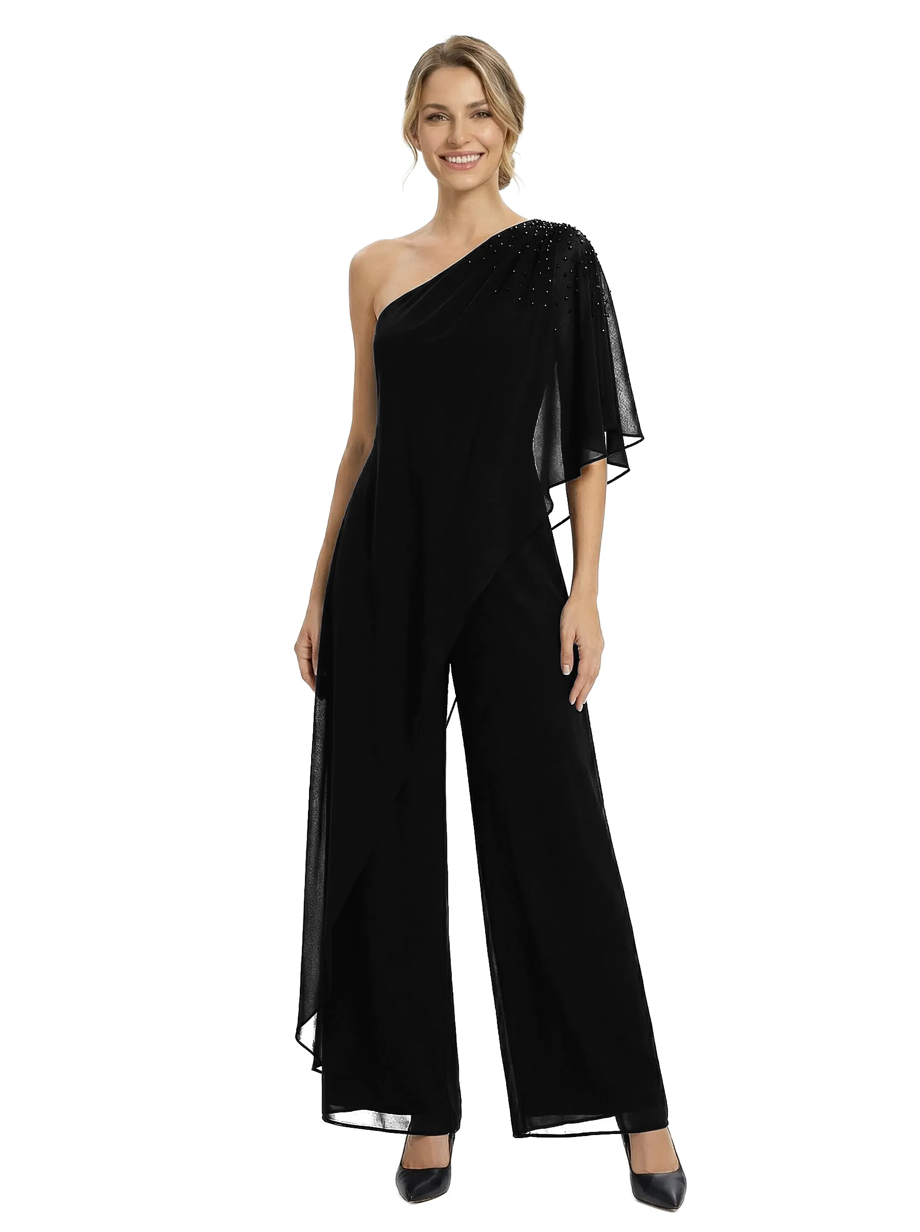 Chicsew Mother of Groom Jumpsuit Unique Beaded Short Sleeve Chiffon Wide Leg Classy Outfit sold by ChicSew product image thumbnail 4