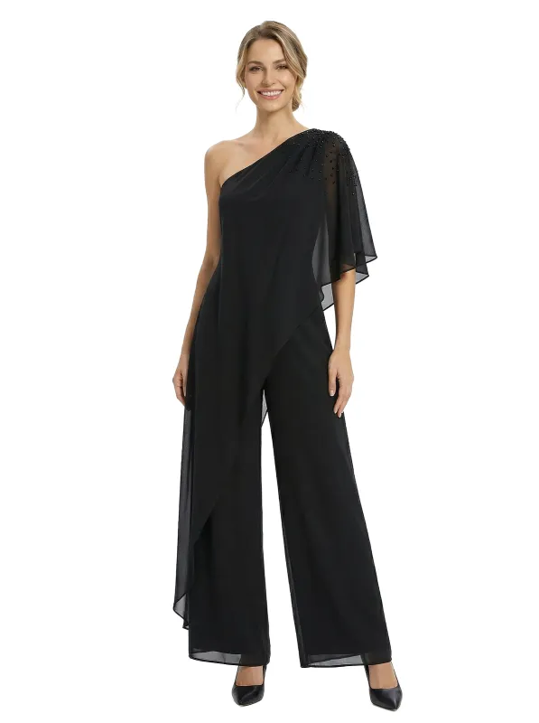 Chicsew Mother of Groom Jumpsuit Unique Beaded Short Sleeve Chiffon Wide Leg Classy Outfit sold by ChicSew