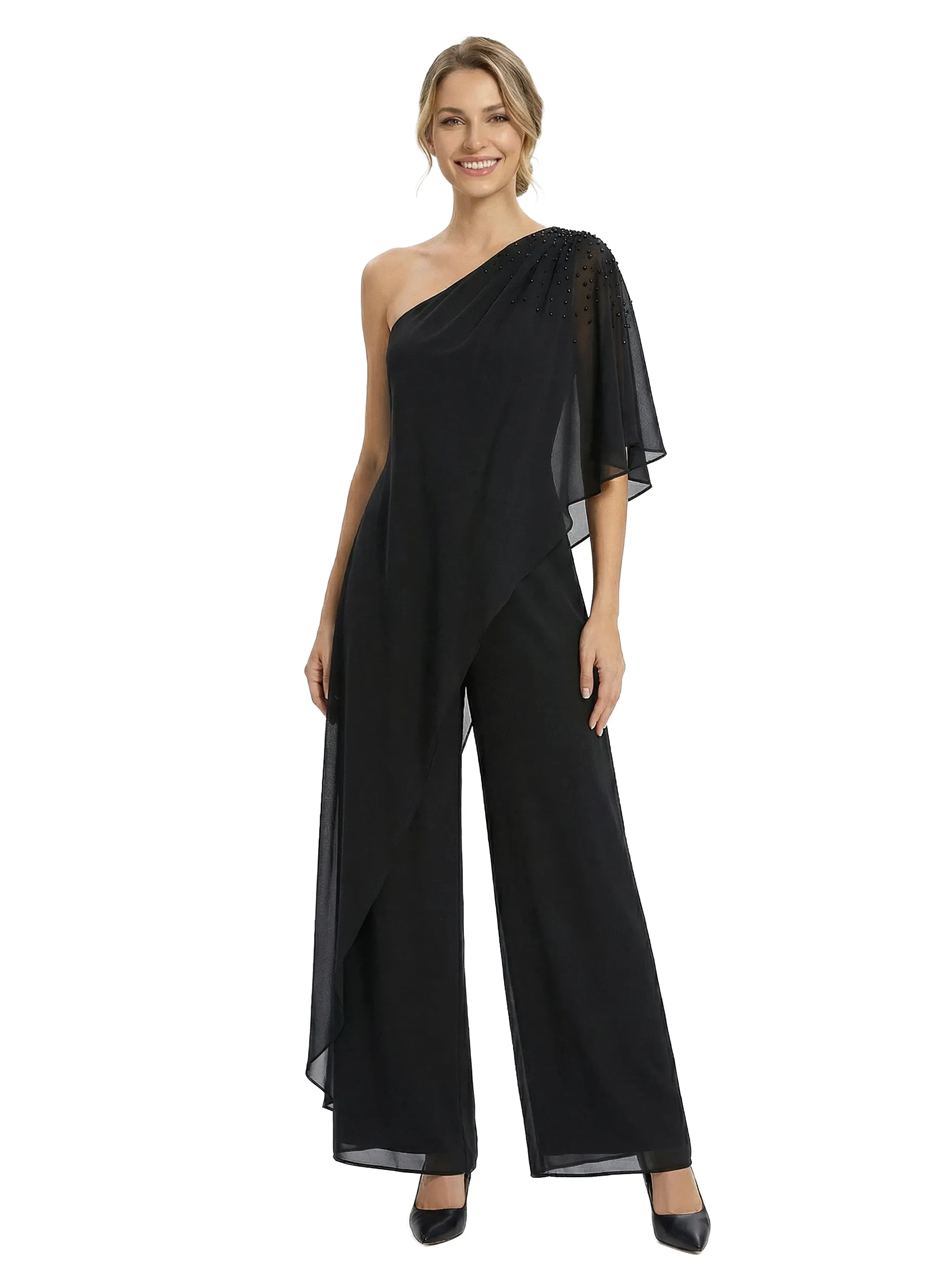 Chicsew Mother of Groom Jumpsuit Unique Beaded Short Sleeve Chiffon Wide Leg Classy Outfit sold by ChicSew