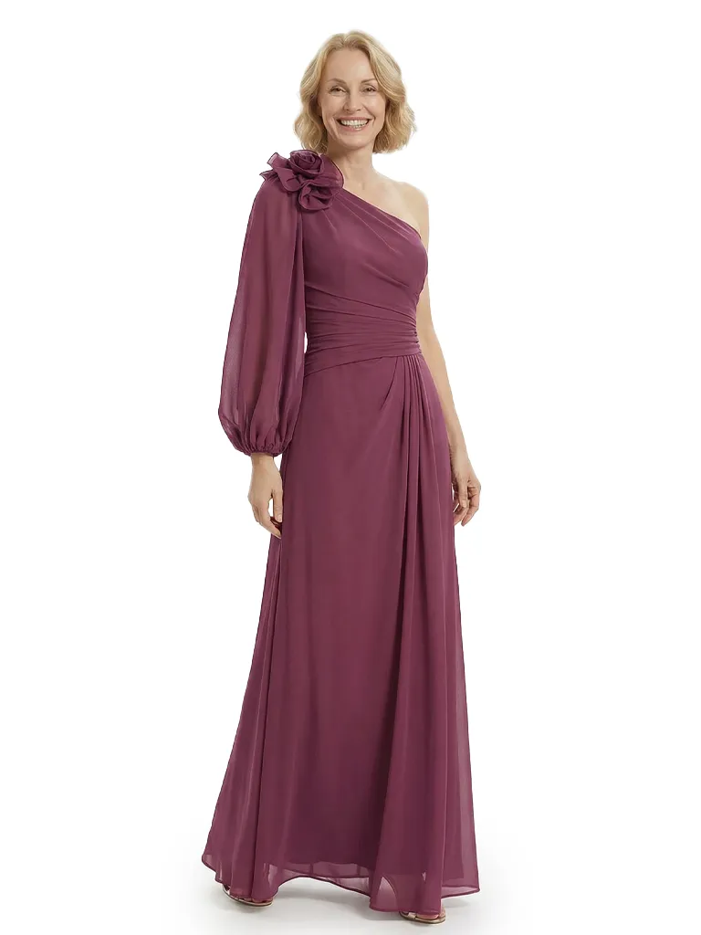 Chicsew Elegant One Shoulder Long Sleeves Chiffon Mother of The Bride Gown sold by ChicSew
