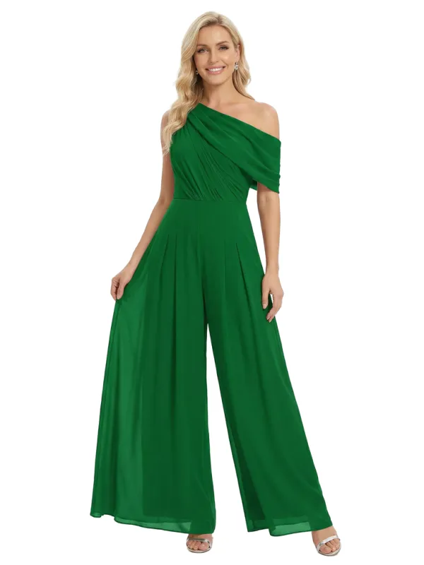 Chicsew Mother of The Bride Jumpsuit Modern One Shoulder Ruched Chiffon Wide Leg Long Outfit Flowy Silhouette sold by ChicSew