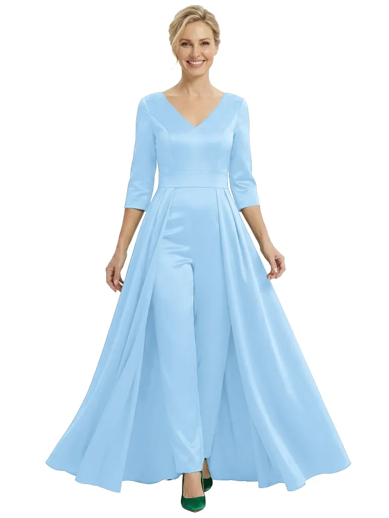 Chicsew Mother of The Groom Jumpsuit Stylish V-Neck 3/4 Sleeve Satin Wide Leg Long Gown Overlay Fancy Look sold by ChicSew product image thumbnail 5