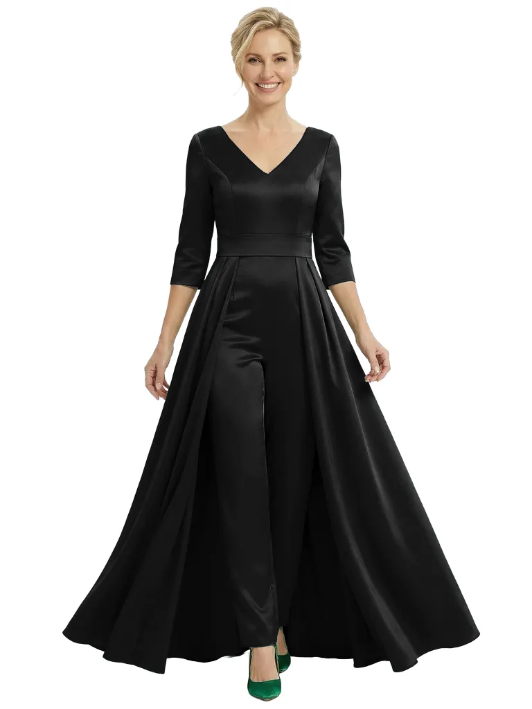 Chicsew Mother of The Groom Jumpsuit Stylish V-Neck 3/4 Sleeve Satin Wide Leg Long Gown Overlay Fancy Look sold by ChicSew product image thumbnail 4