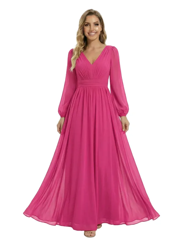 Chicsew Classy V-Neck Long Sleeves Ruched A-Line Chiffon Mother Of The Groom Dress sold by ChicSew