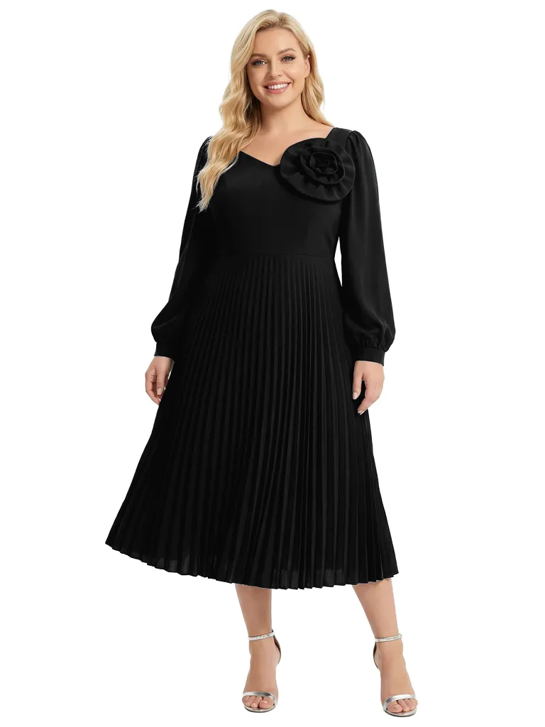 Chicsew Mother of The Bride Dress Beautiful V-Neck Long Sleeve Chiffon Pleated Midi Gown Flower Accent sold by ChicSew product image thumbnail 4