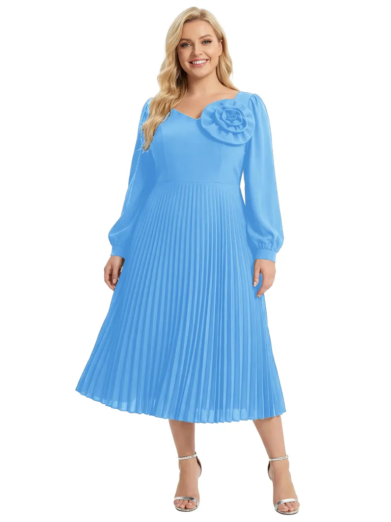 Chicsew Mother of The Bride Dress Beautiful V-Neck Long Sleeve Chiffon Pleated Midi Gown Flower Accent sold by ChicSew product image thumbnail 5