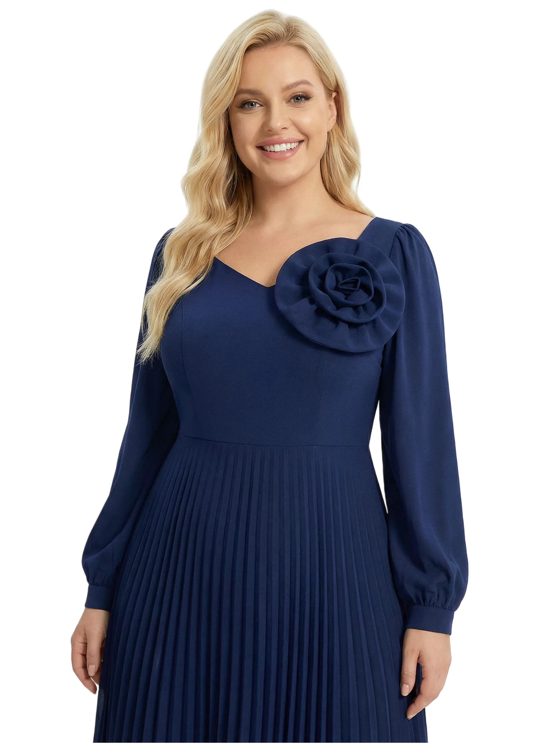 Chicsew Mother of The Bride Dress Beautiful V-Neck Long Sleeve Chiffon Pleated Midi Gown Flower Accent sold by ChicSew product image thumbnail 2