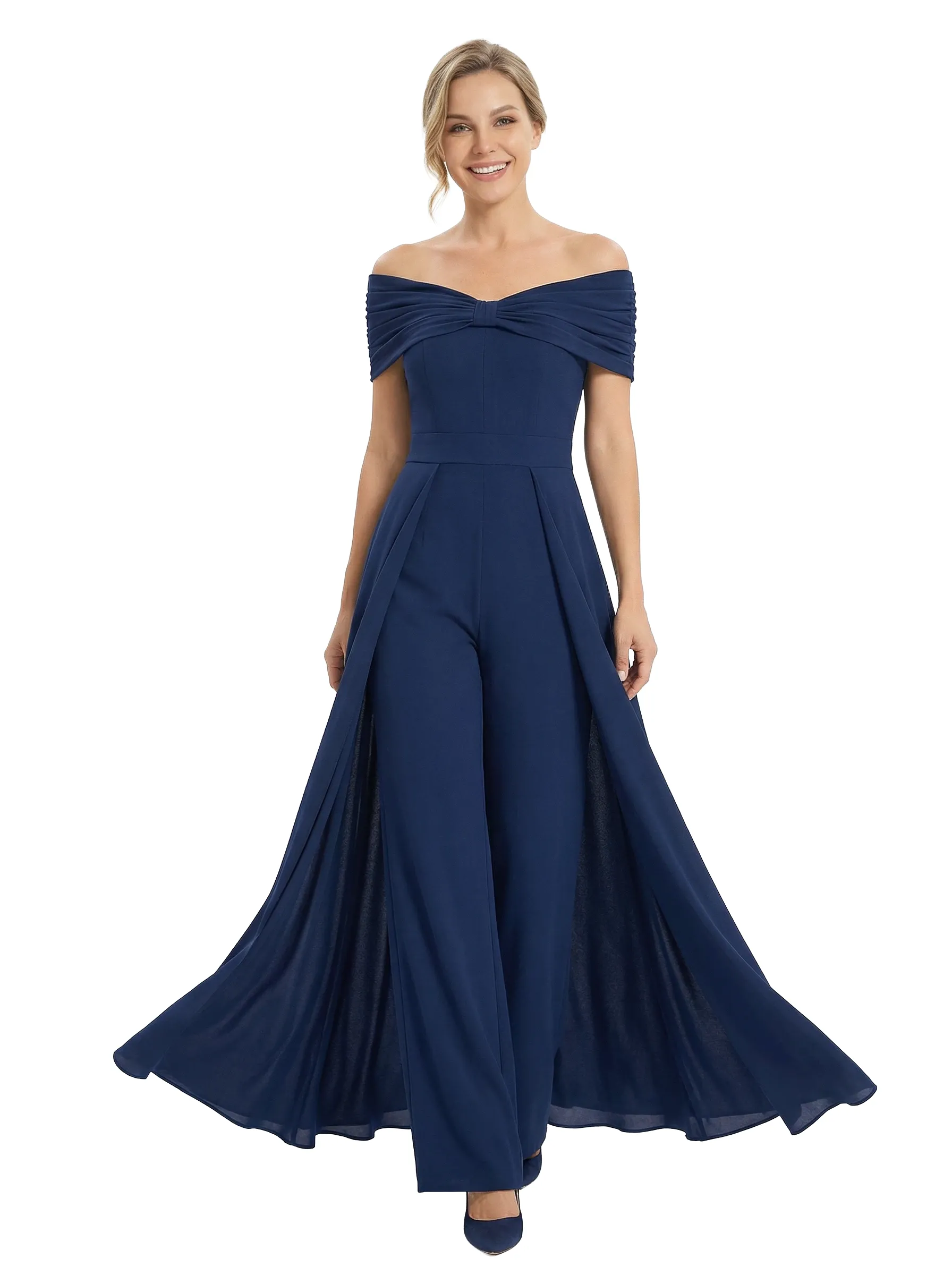 Chicsew Mother of Bride Pantsuit Overskirt Modern Knot Detail Chiffon Wide Leg Gown Fancy Overlay sold by ChicSew