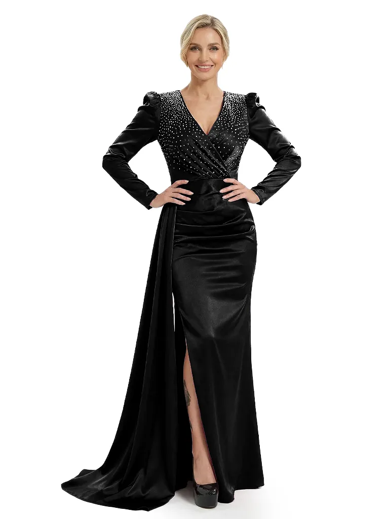 Chicsew Modern V-Neck Long Sleeves Side Slit Rhinestone Satin Mermaid Mother Of The Bride Dresses sold by ChicSew product image thumbnail 4