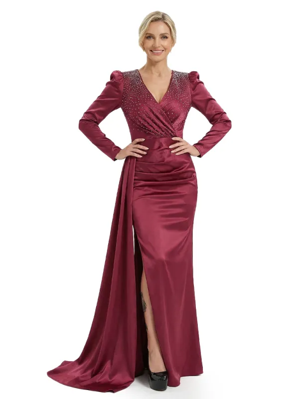 Chicsew Modern V-Neck Long Sleeves Side Slit Rhinestone Satin Mermaid Mother Of The Bride Dresses sold by ChicSew