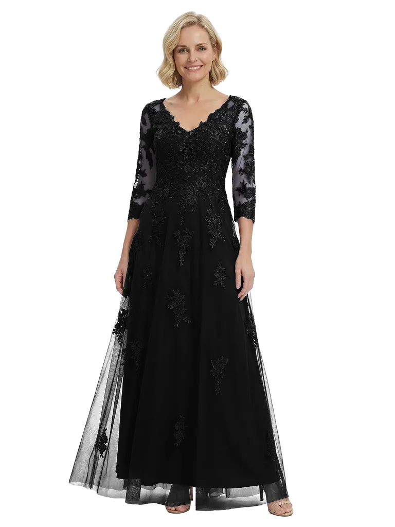 Chicsew Beautiful V-Neck Long Sleeves Tulle A-Line Mother Of The Bride Gown With Floral Appliques sold by ChicSew product image thumbnail 4