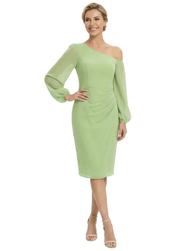 Chicsew Modern One Shoulder Knee-Length Long Sleeves Sheath Ruched Chiffon Mother Of The Bride Dresses sold by ChicSew