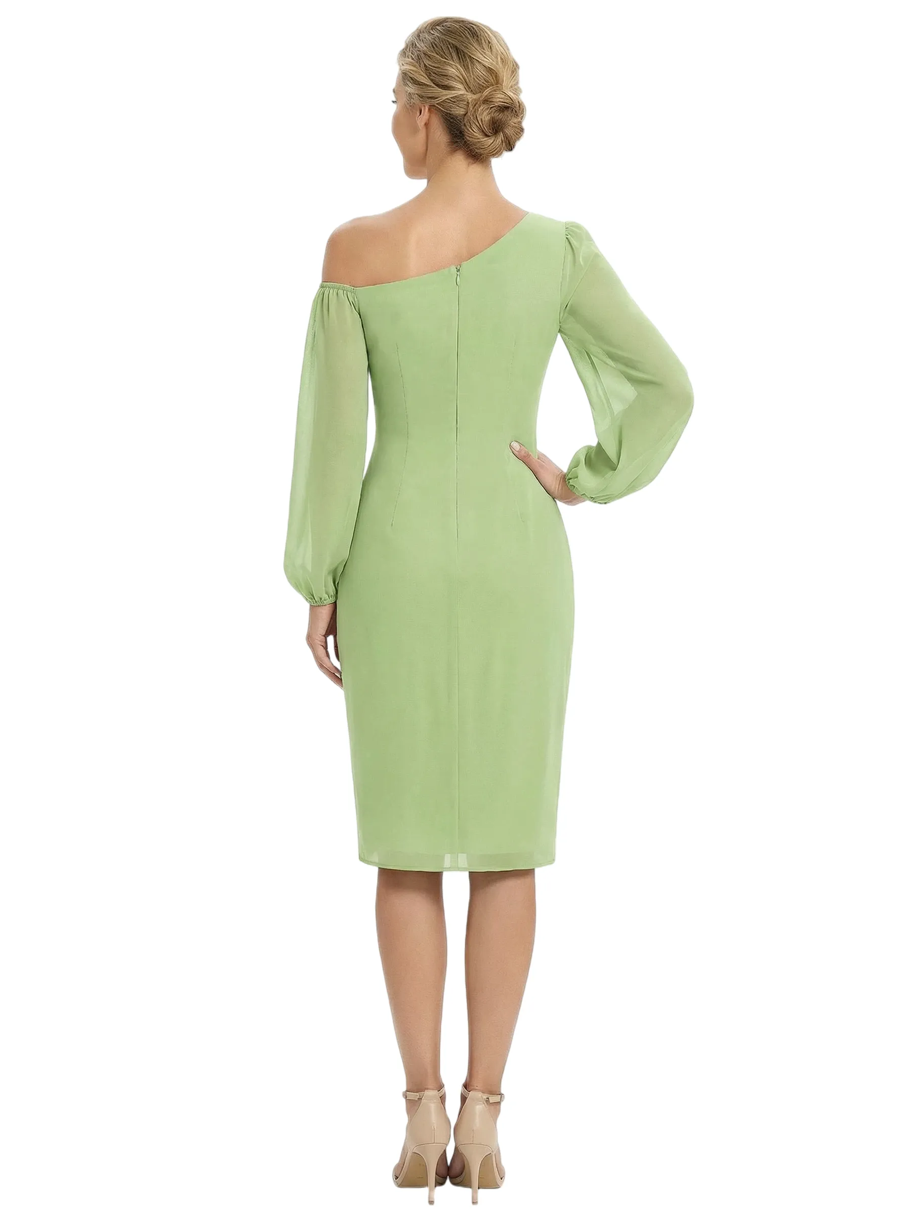 Chicsew Modern One Shoulder Knee-Length Long Sleeves Sheath Ruched Chiffon Mother Of The Bride Dresses sold by ChicSew product image thumbnail 3