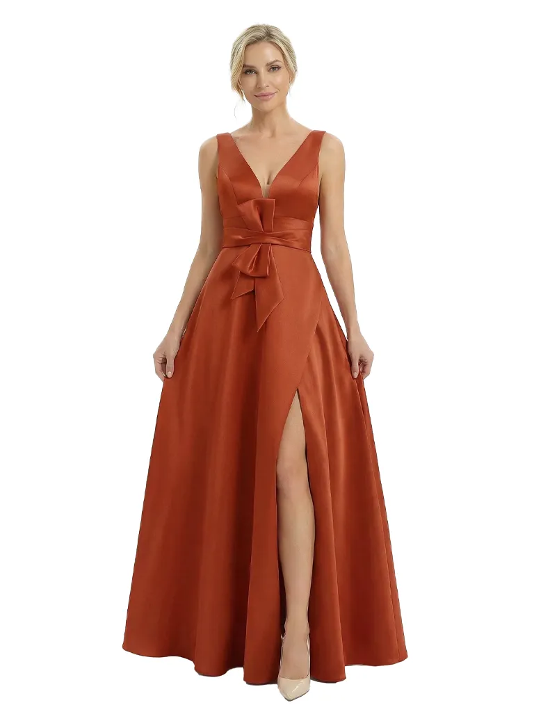 Chicsew Unique Sleeveless V-Neck Satin A-Line Side Slit Mother Of The Bride Gown With Bow Waist sold by ChicSew