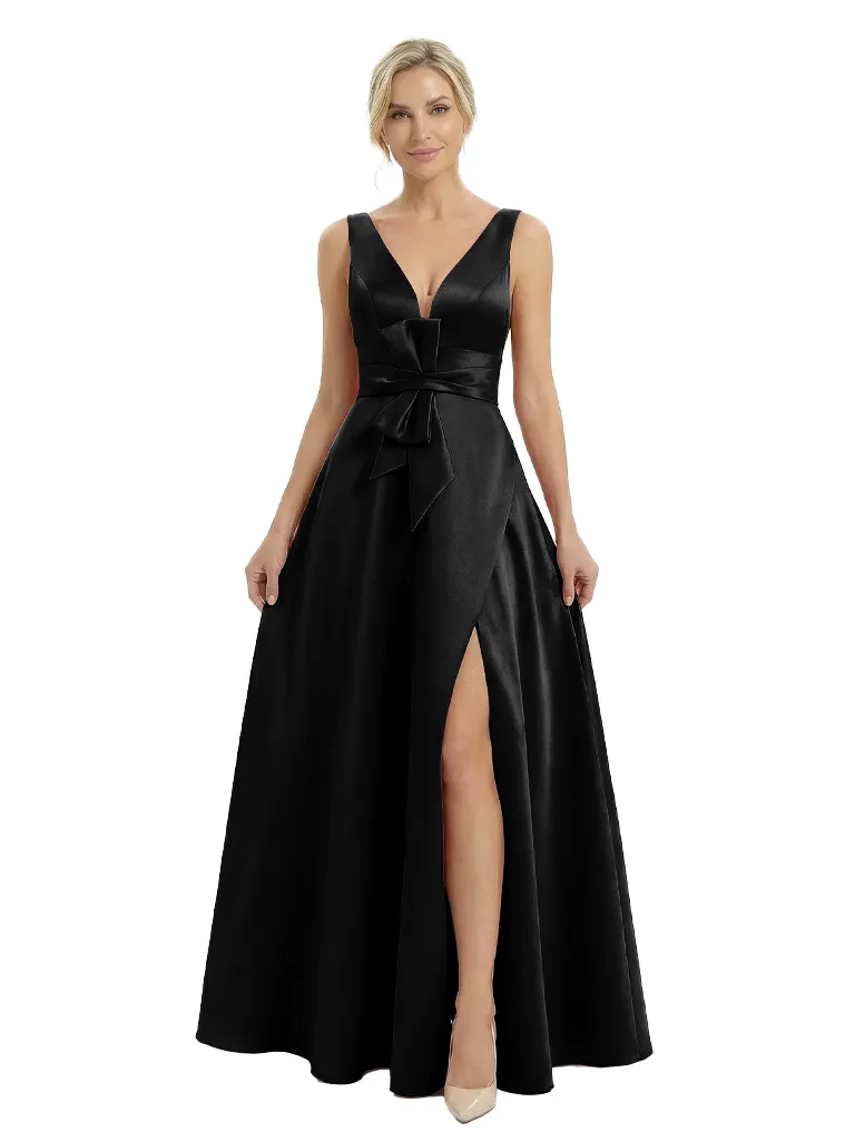 Chicsew Unique Sleeveless V-Neck Satin A-Line Side Slit Mother Of The Bride Gown With Bow Waist sold by ChicSew product image thumbnail 5